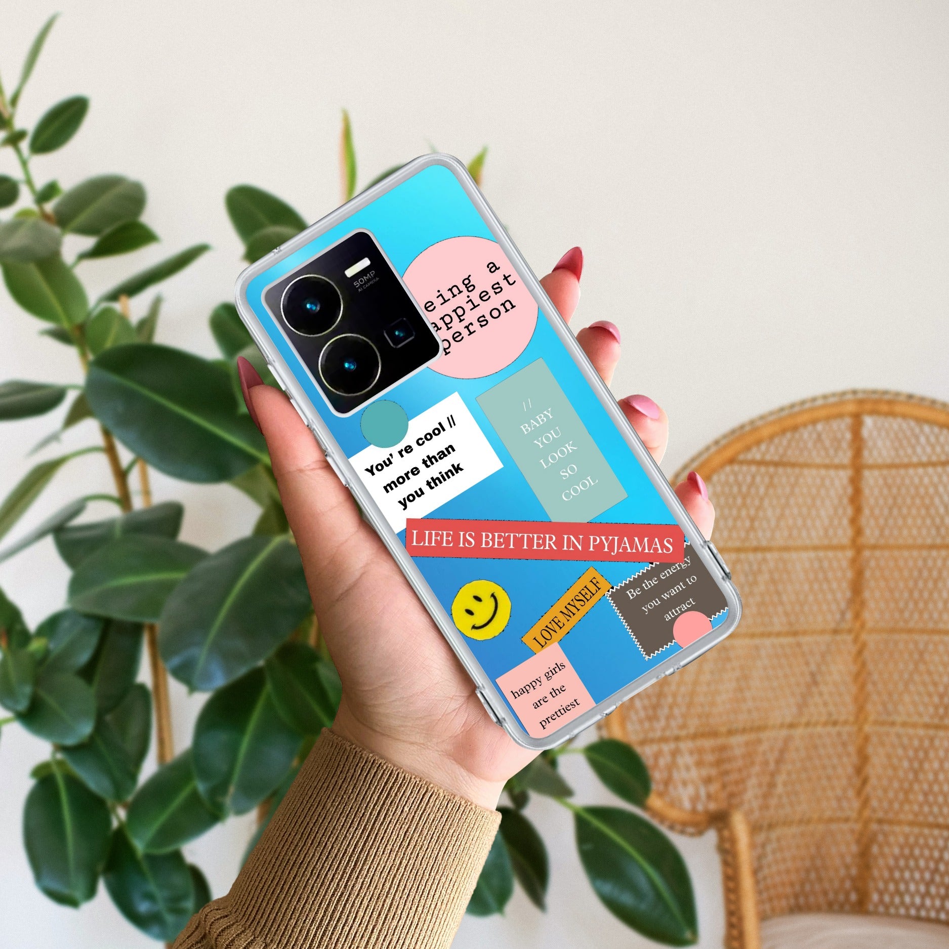 Stickers Happiest Person Transparent Silicon Case Peach For Vivo Y35