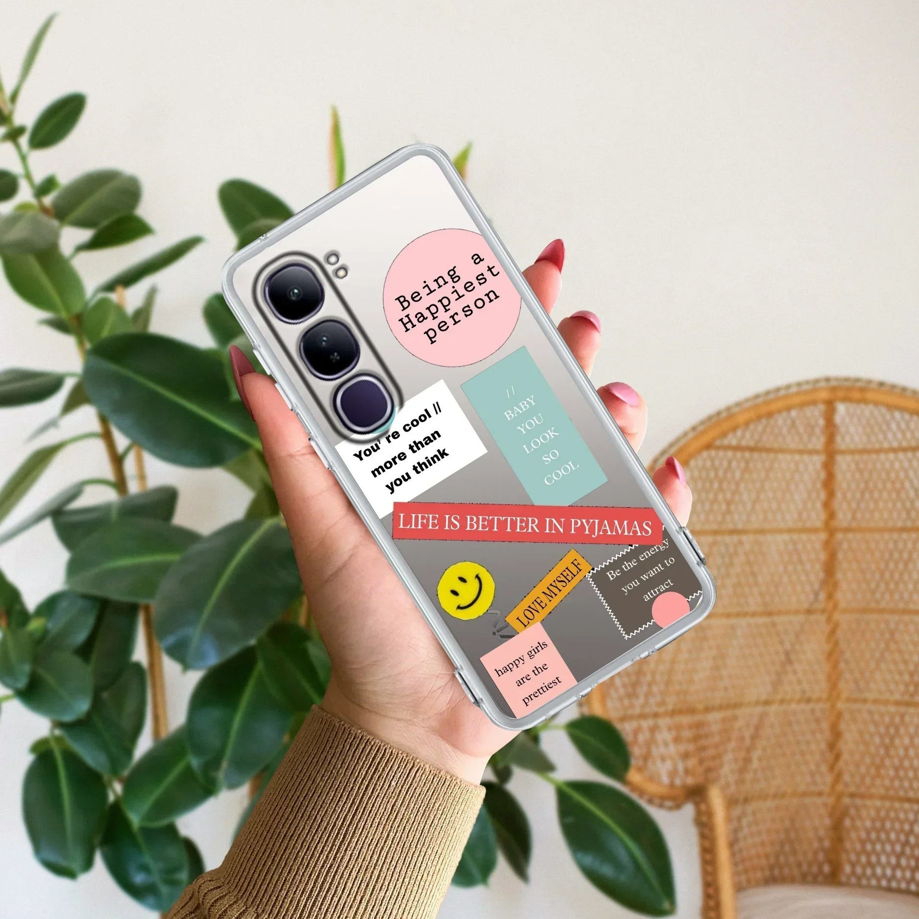 Stickers Happiest Person Transparent Silicon Case Peach For Vivo V50 5G