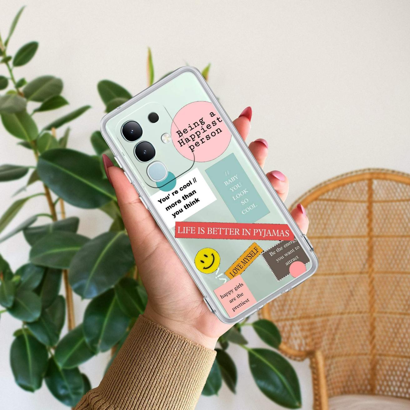 Stickers Happiest Person Transparent Silicon Case Peach For Vivo Y12G /Vivo Y12S