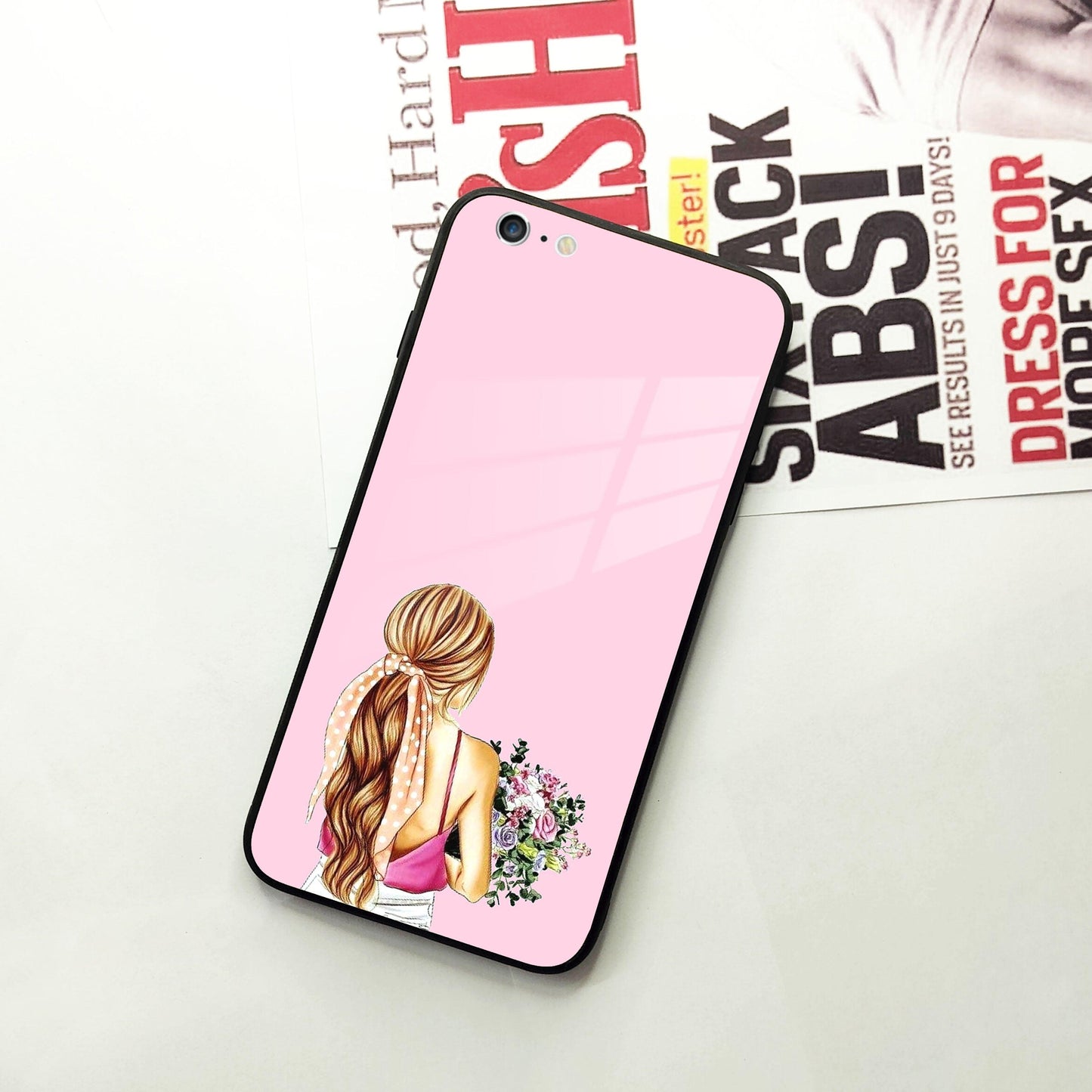 Styles Girl With Flower Glass Case For iPhone