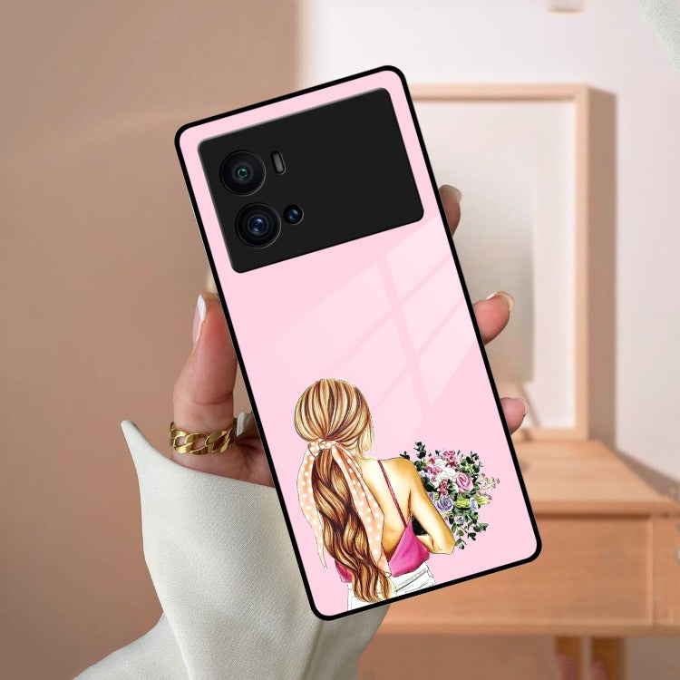 Styles Girl With Flower Glass Case For iQOO