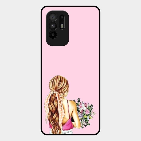 Styles Girl With Flower Glass Case For Oppo F19 Pro Plus 5G