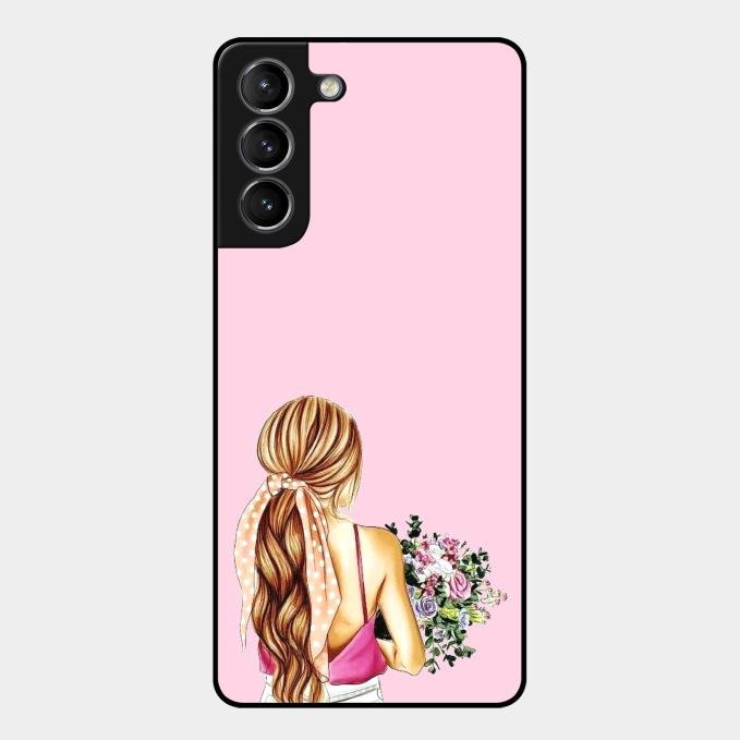 Styles Girl With Flower Glass Case For Samsung Galaxy S21 Plus