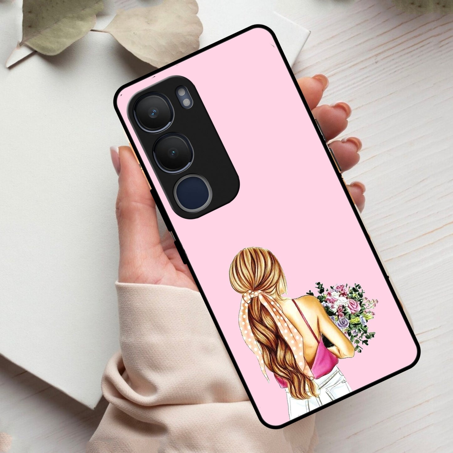 Styles Girl With Flower Glass Case For Vivo