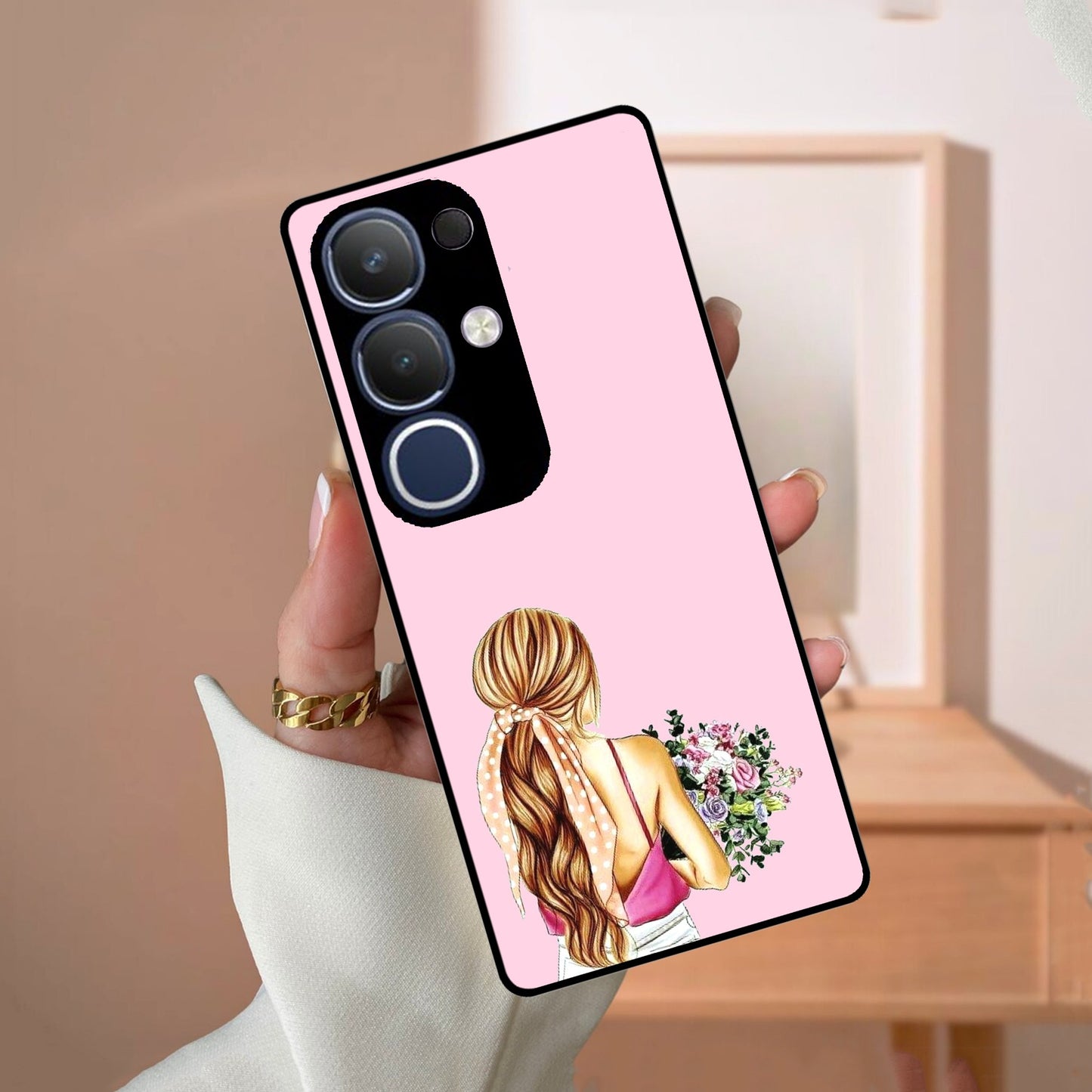 Styles Girl With Flower Glass Case For Vivo