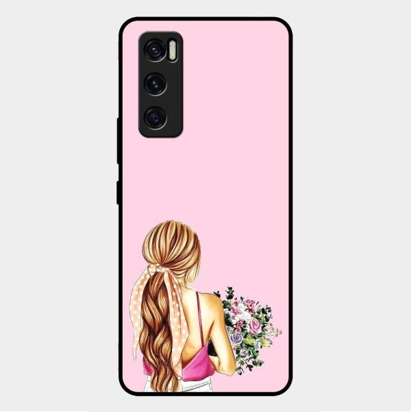 Styles Girl With Flower Glass Case For Vivo V20 Se
