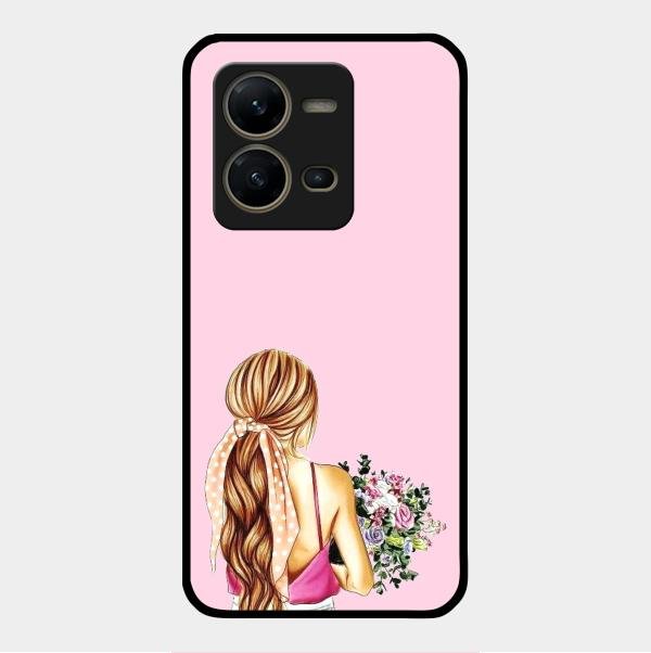 Styles Girl With Flower Glass Case For Vivo V25 5G