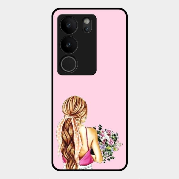 Styles Girl With Flower Glass Case For Vivo V29 Pro 5G