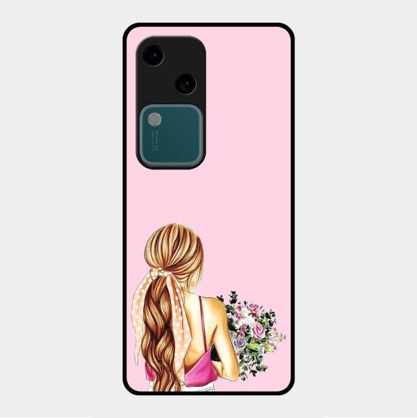 Styles Girl With Flower Glass Case For Vivo V30 5G