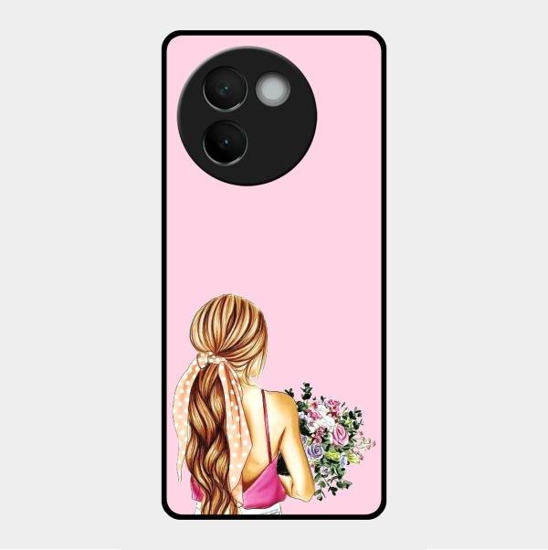 Styles Girl With Flower Glass Case For Vivo V30E 5G