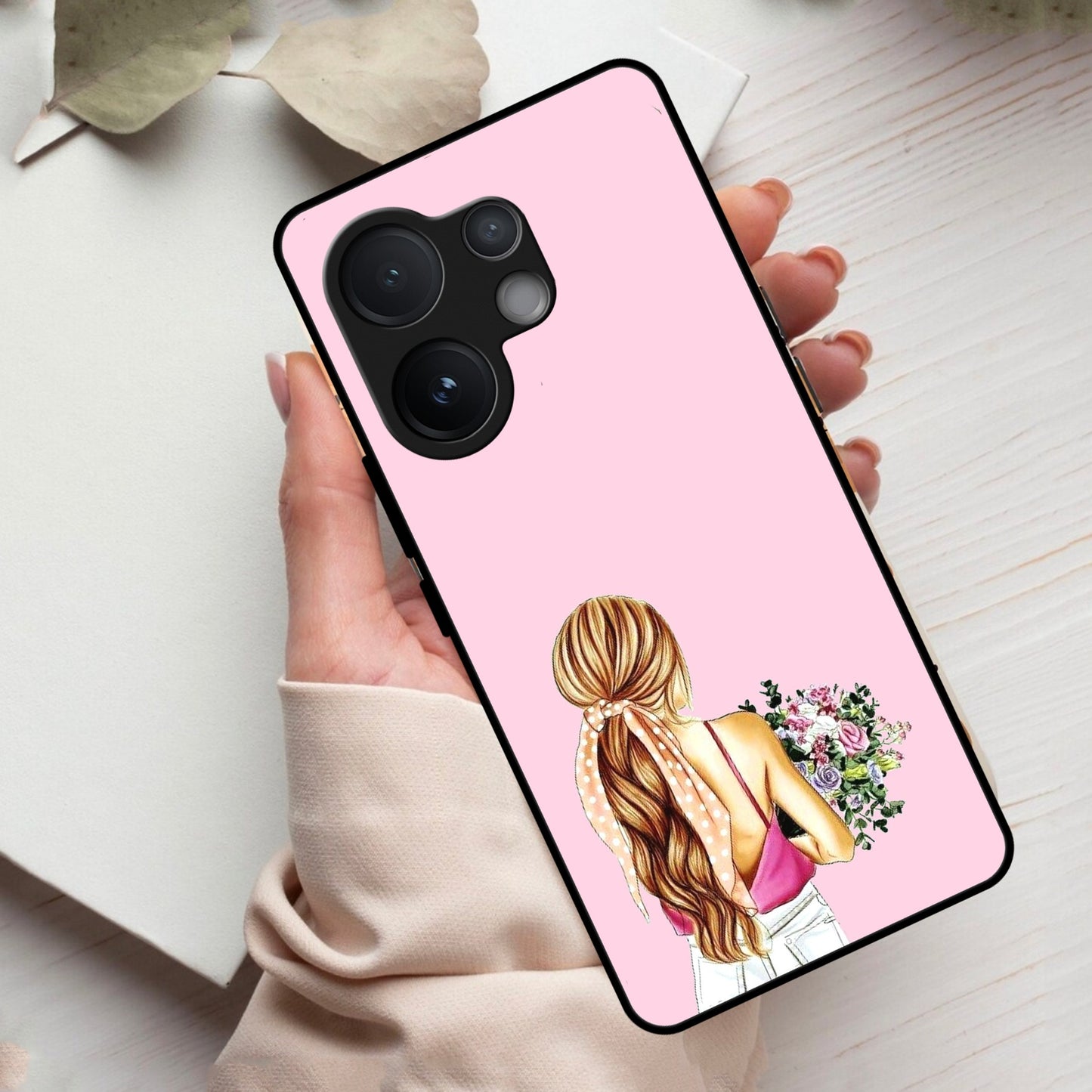 Styles Girl With Flower Glass Case For Vivo