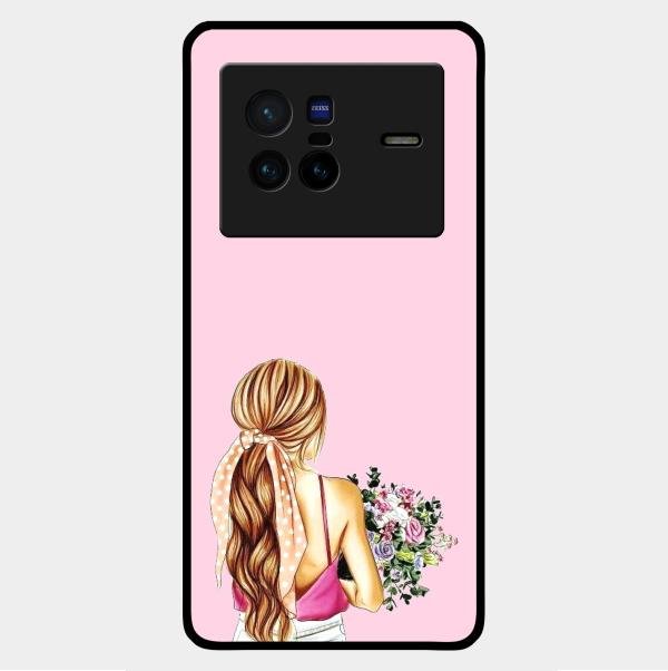 Styles Girl With Flower Glass Case For Vivo X80 5G
