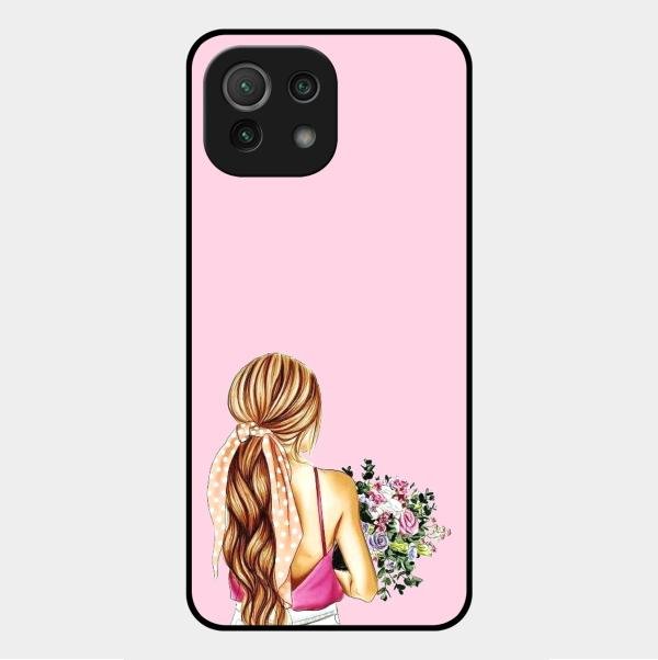 Styles Girl With Flower Glass Case For Xiaomi Mi 11 Lite