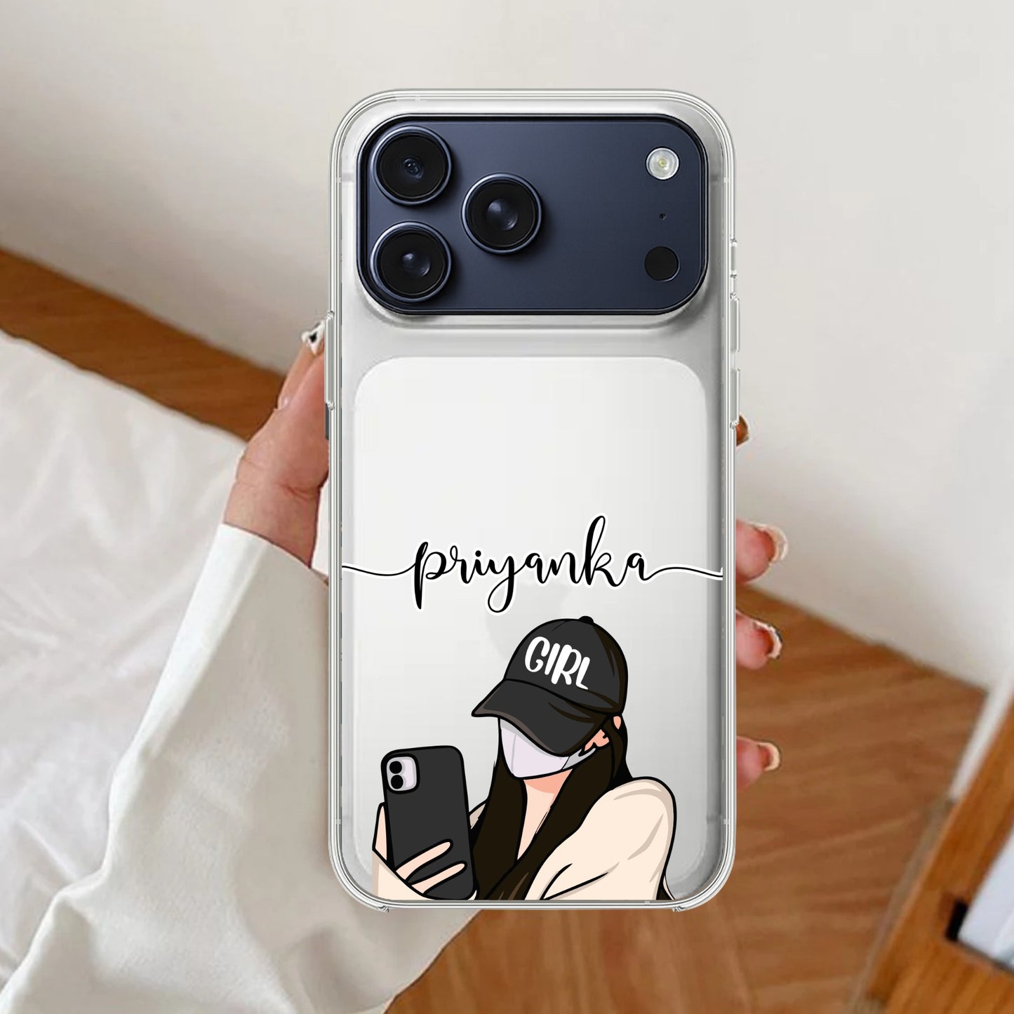 Stylish Girl With Cap Customize Transparent Silicon Case For iPhone