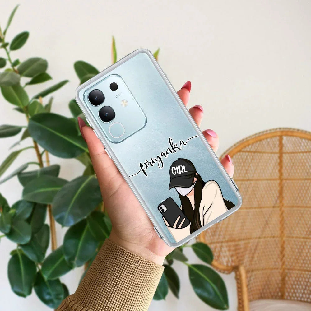 Stylish Girl With Cap Customize Transparent Silicon Case For Vivo V21e 5G