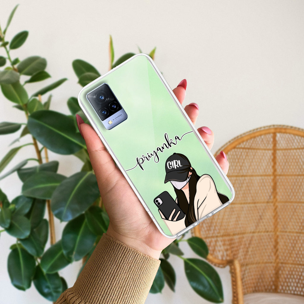 Stylish Girl With Cap Customize Transparent Silicon Case For Vivo V21 5G