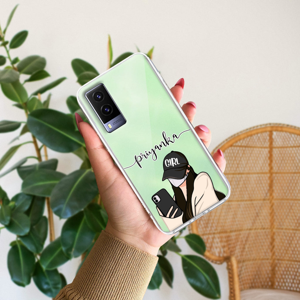 Stylish Girl With Cap Customize Transparent Silicon Case For Vivo V21e 5G