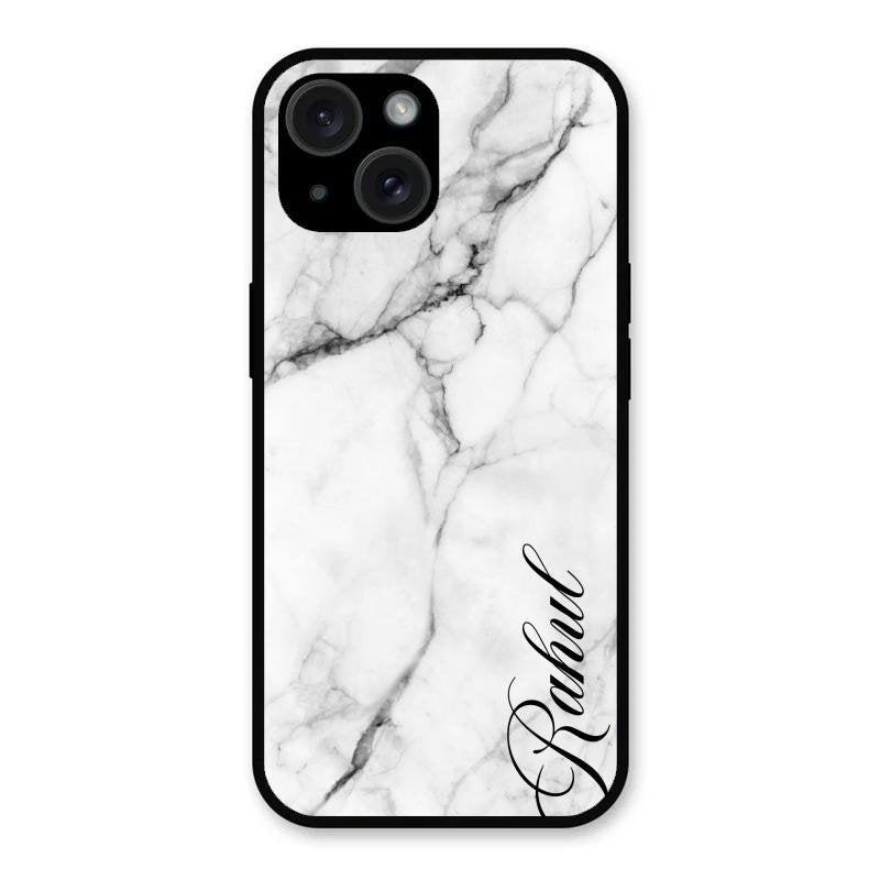 White Marble Patter Glass Case Cover For iPhone 15