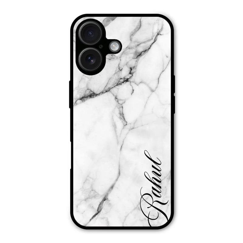 White Marble Patter Glass Case Cover For iPhone 16 Plus