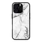 White Marble Patter Glass Case Cover For iPhone 16 Pro Max
