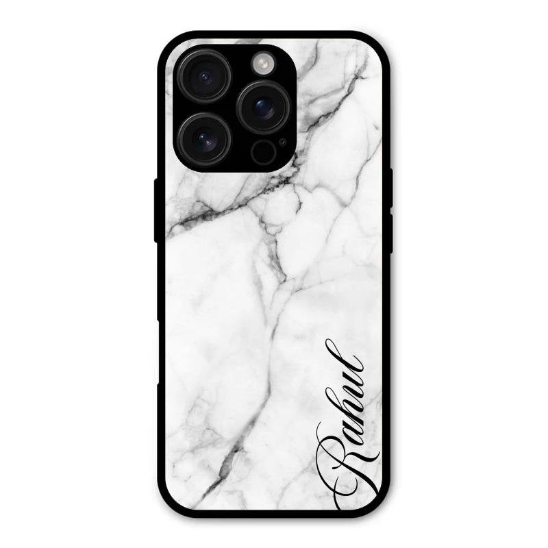 White Marble Patter Glass Case Cover For iPhone 16 Pro