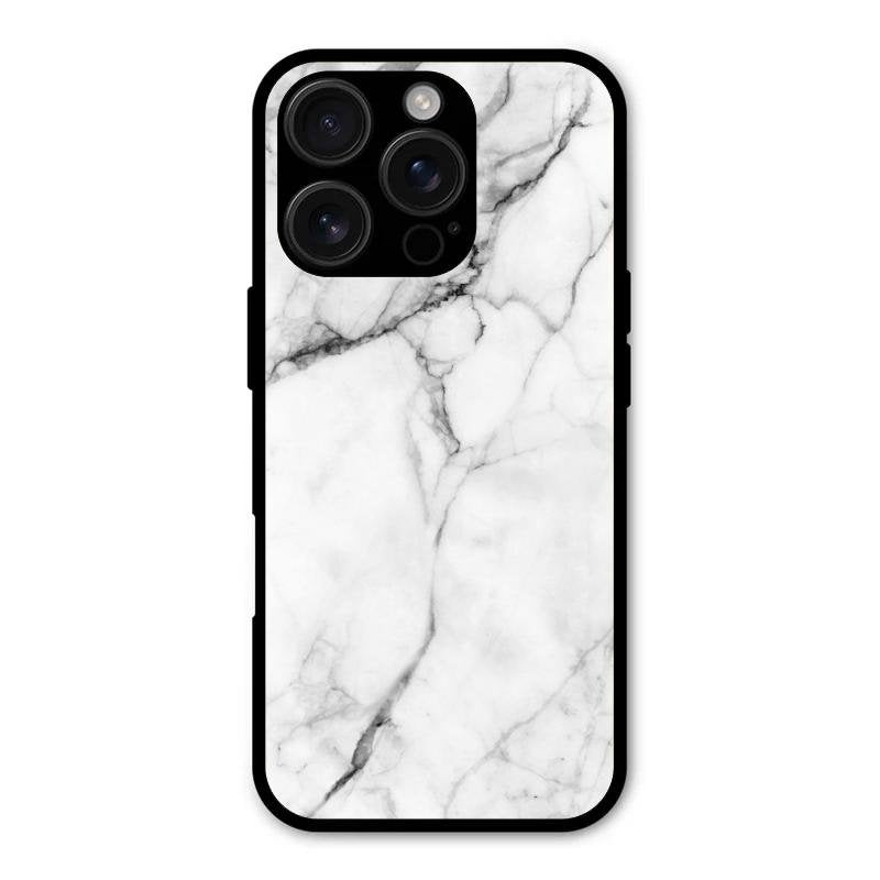 White Marble Patter Glass Case Cover For iPhone 16 Pro