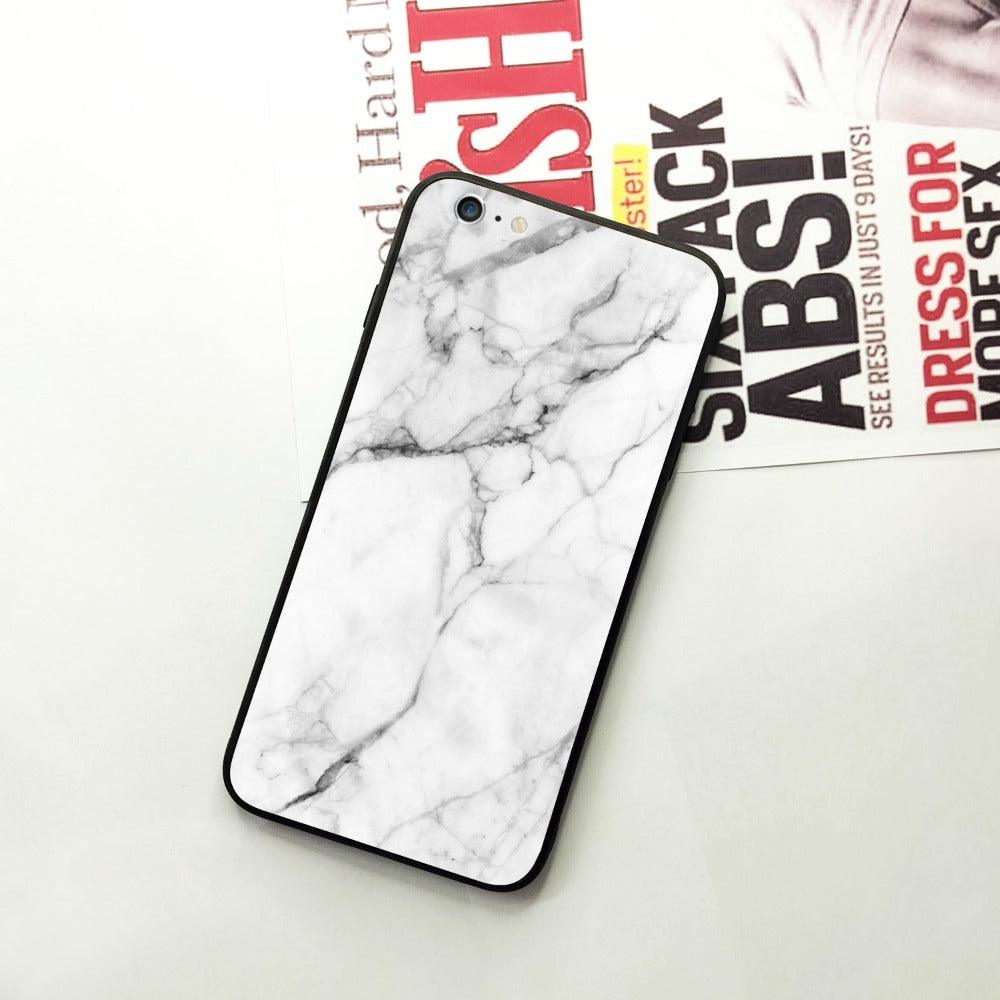 White Marble Patter Glass Case Cover For iPhone