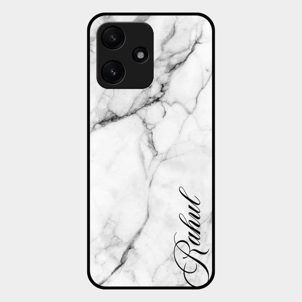 White Marble Patter Glass Case Cover For Redmi 12 5G