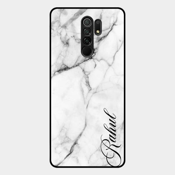 White Marble Patter Glass Case Cover For Redmi 9 Prime
