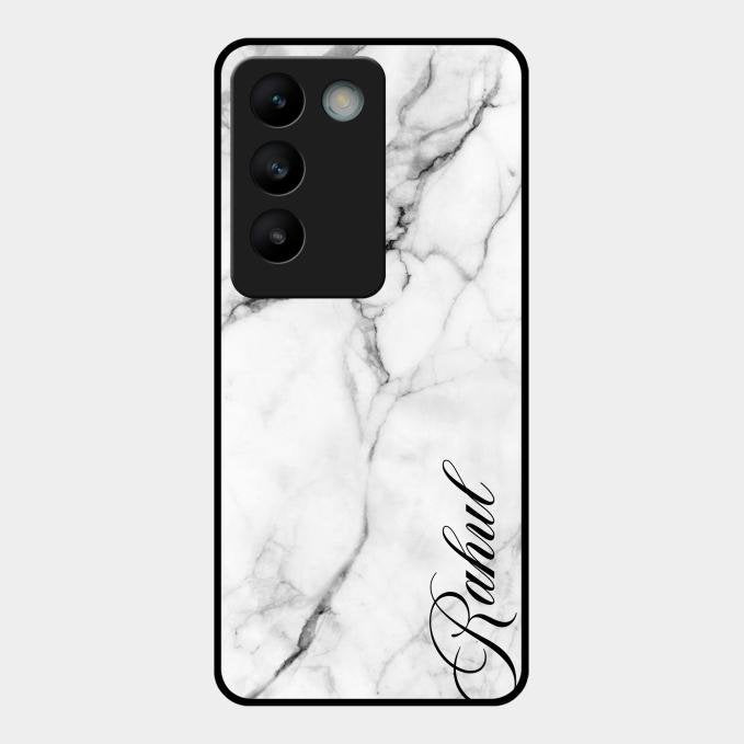 White Marble Patter Glass Case Cover For Vivo T3 5G