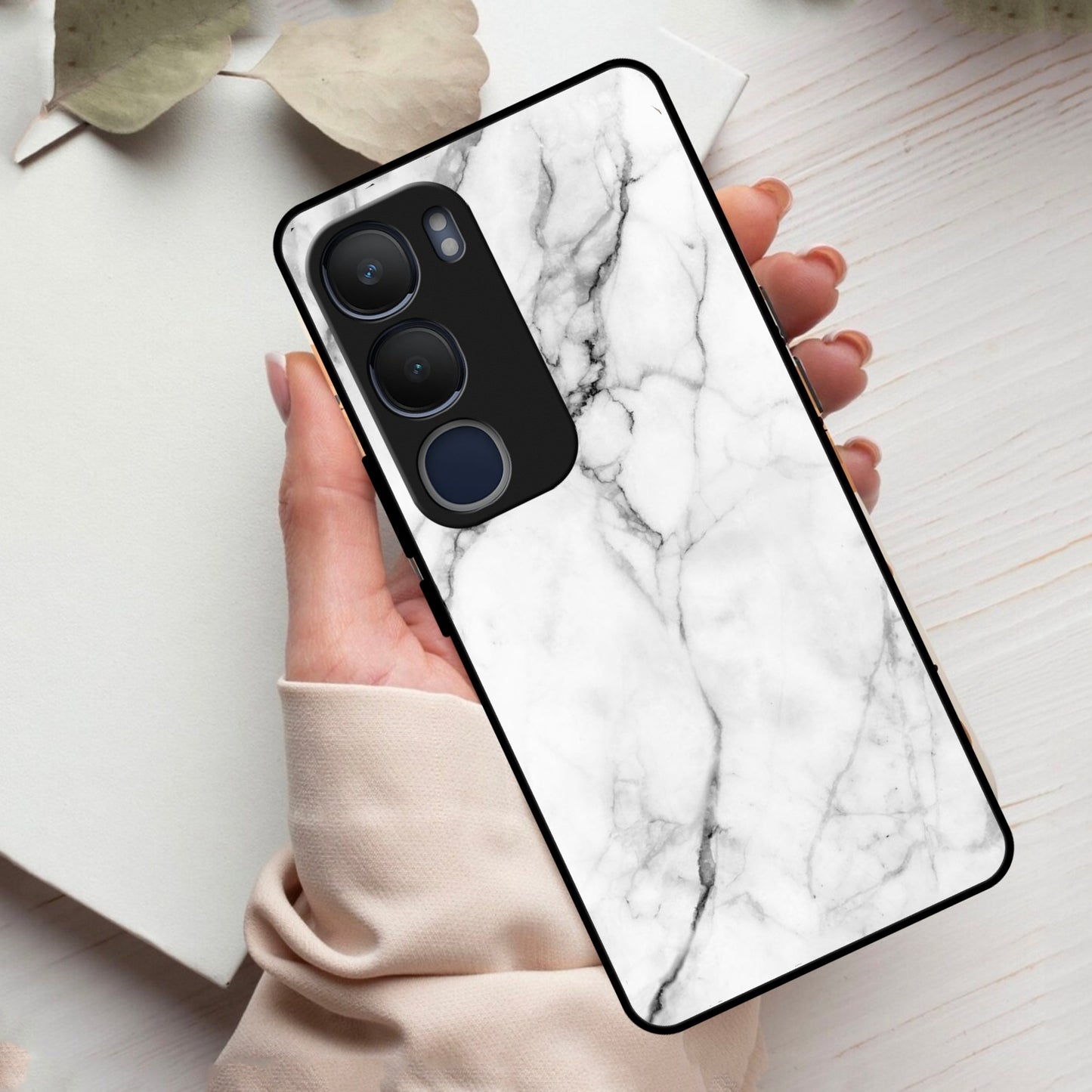 White Marble Patter Glass Case Cover  For Vivo