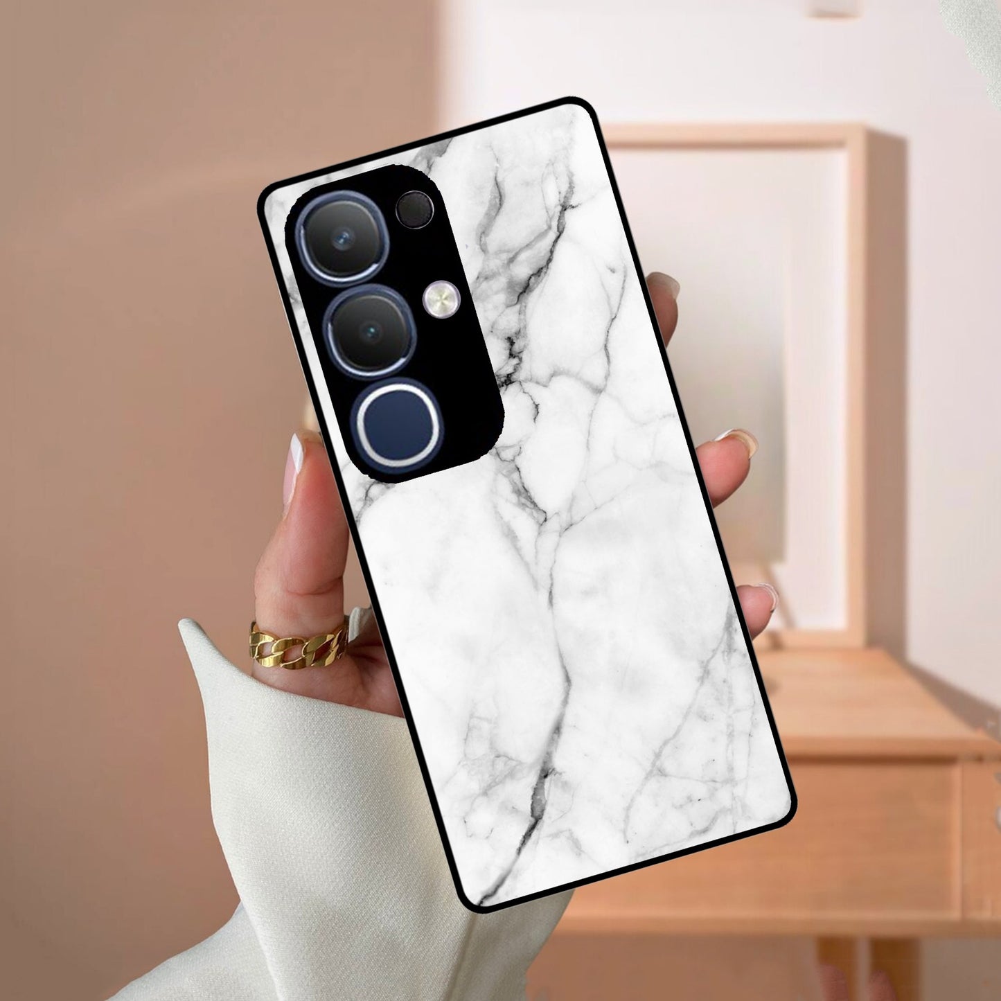 White Marble Patter Glass Case Cover  For Vivo