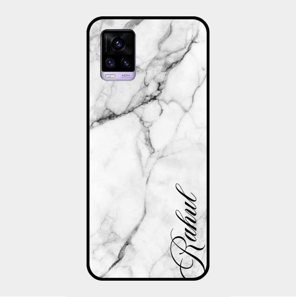 White Marble Patter Glass Case Cover For Vivo V20