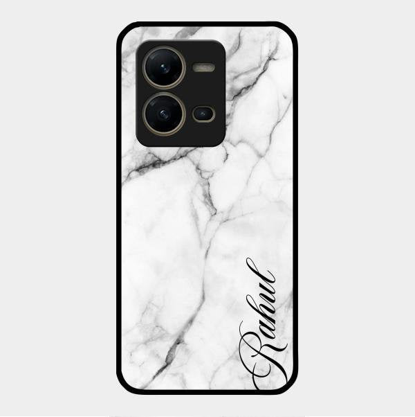 White Marble Patter Glass Case Cover For Vivo V25 5G