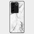 White Marble Patter Glass Case Cover For Vivo V27 5G