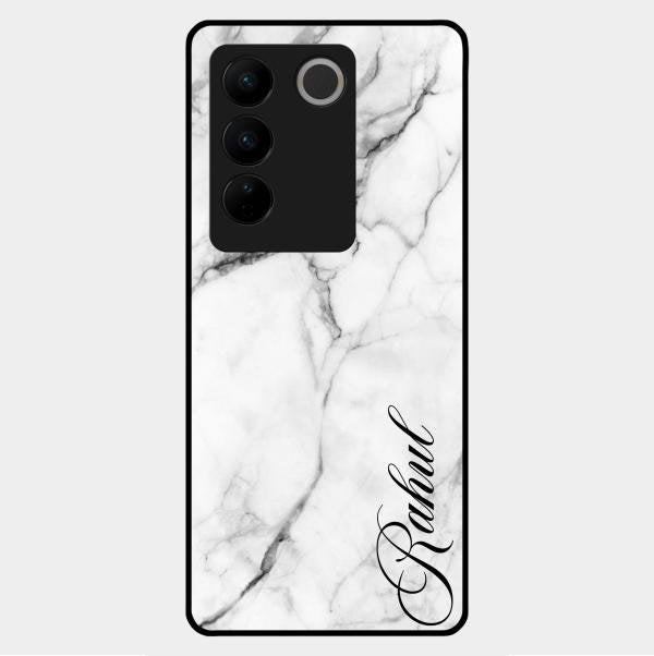 White Marble Patter Glass Case Cover For Vivo V27 5G