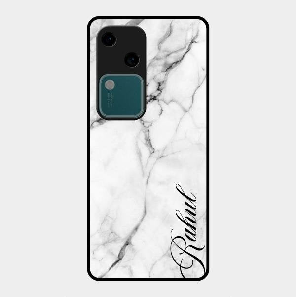 White Marble Patter Glass Case Cover For Vivo V30 5G