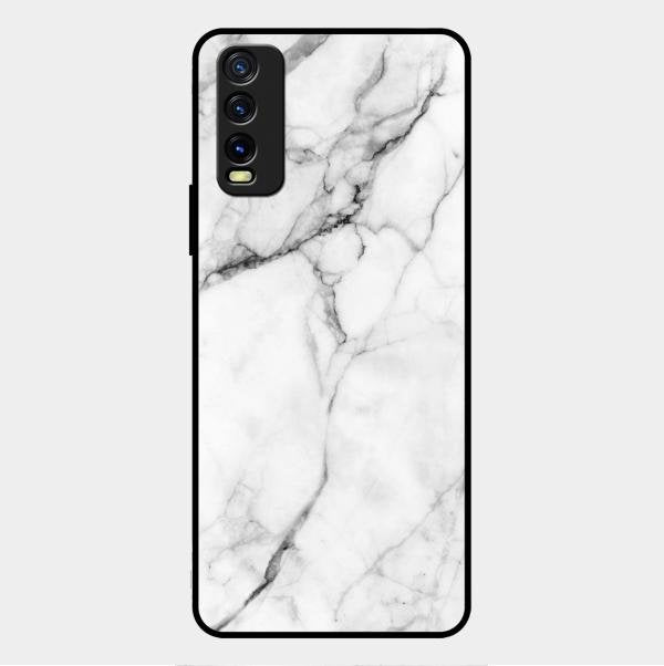 White Marble Patter Glass Case Cover For Vivo Y12G