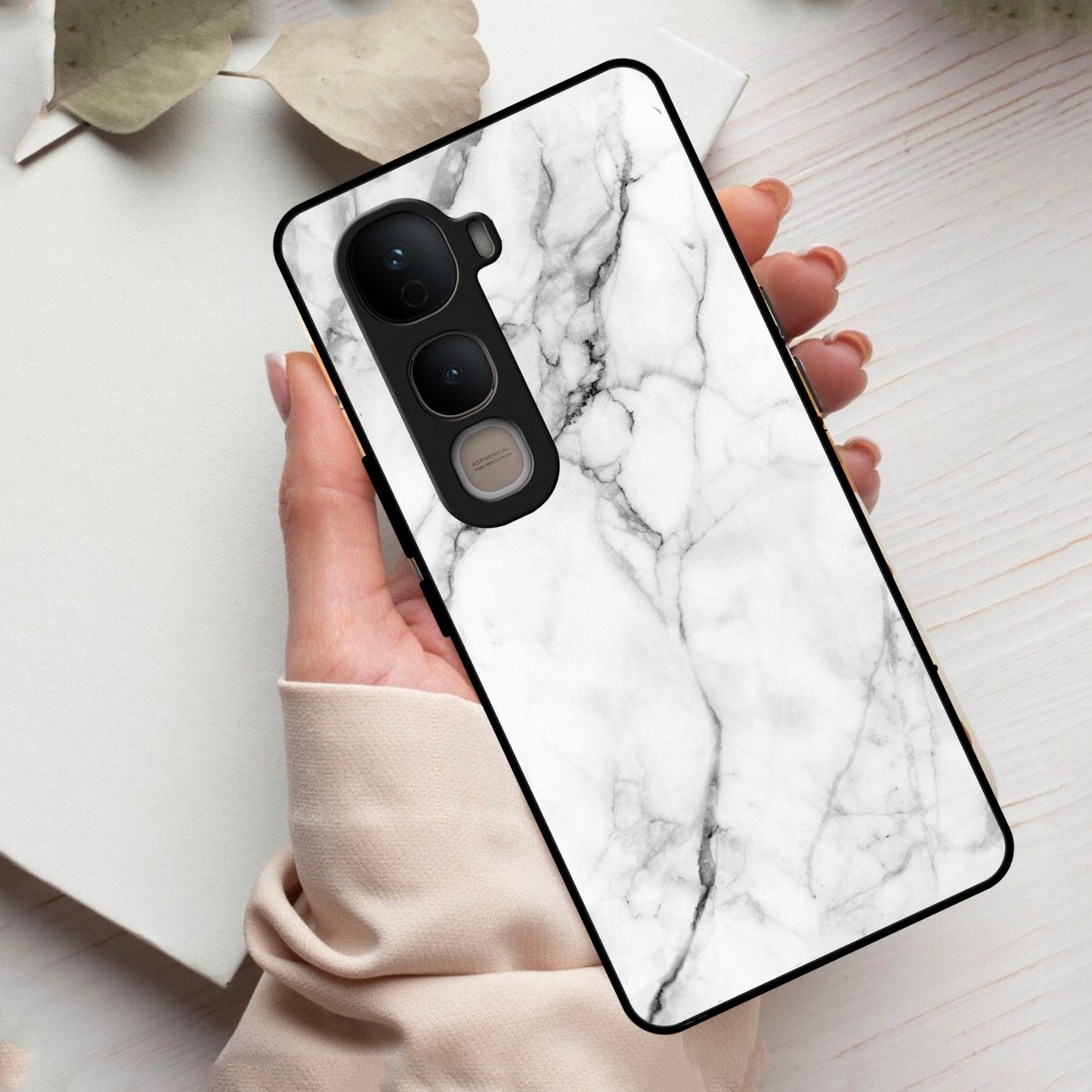 White Marble Patter Glass Case Cover  For Vivo