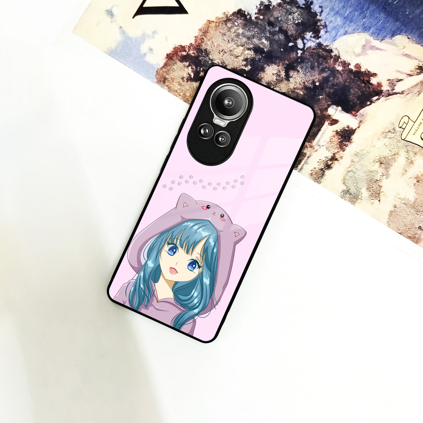Purple Aesthetic Girl With Cat Phone Glass Case Cover For Oppo