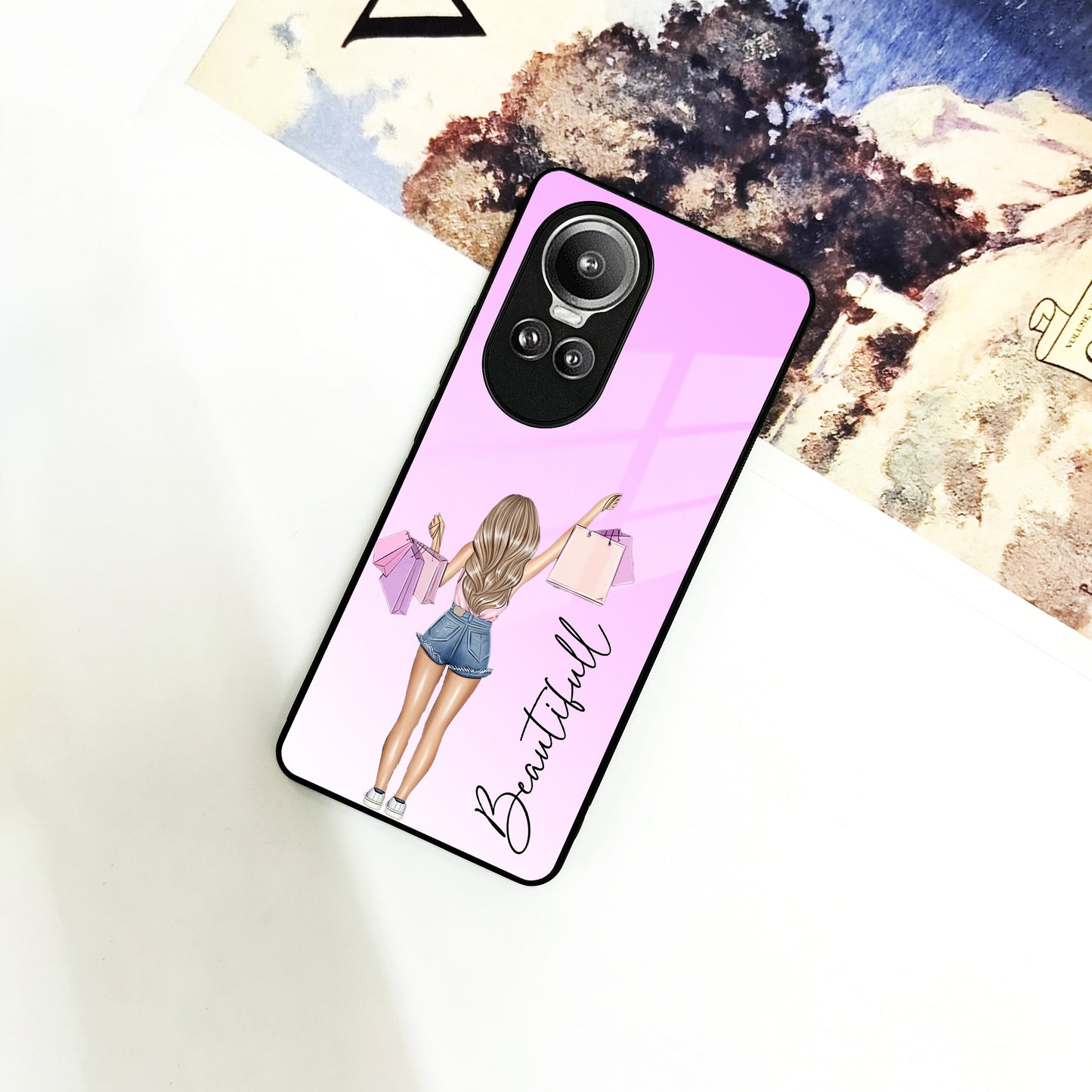 Girl With Bag Customize Name Glass Case For Oppo