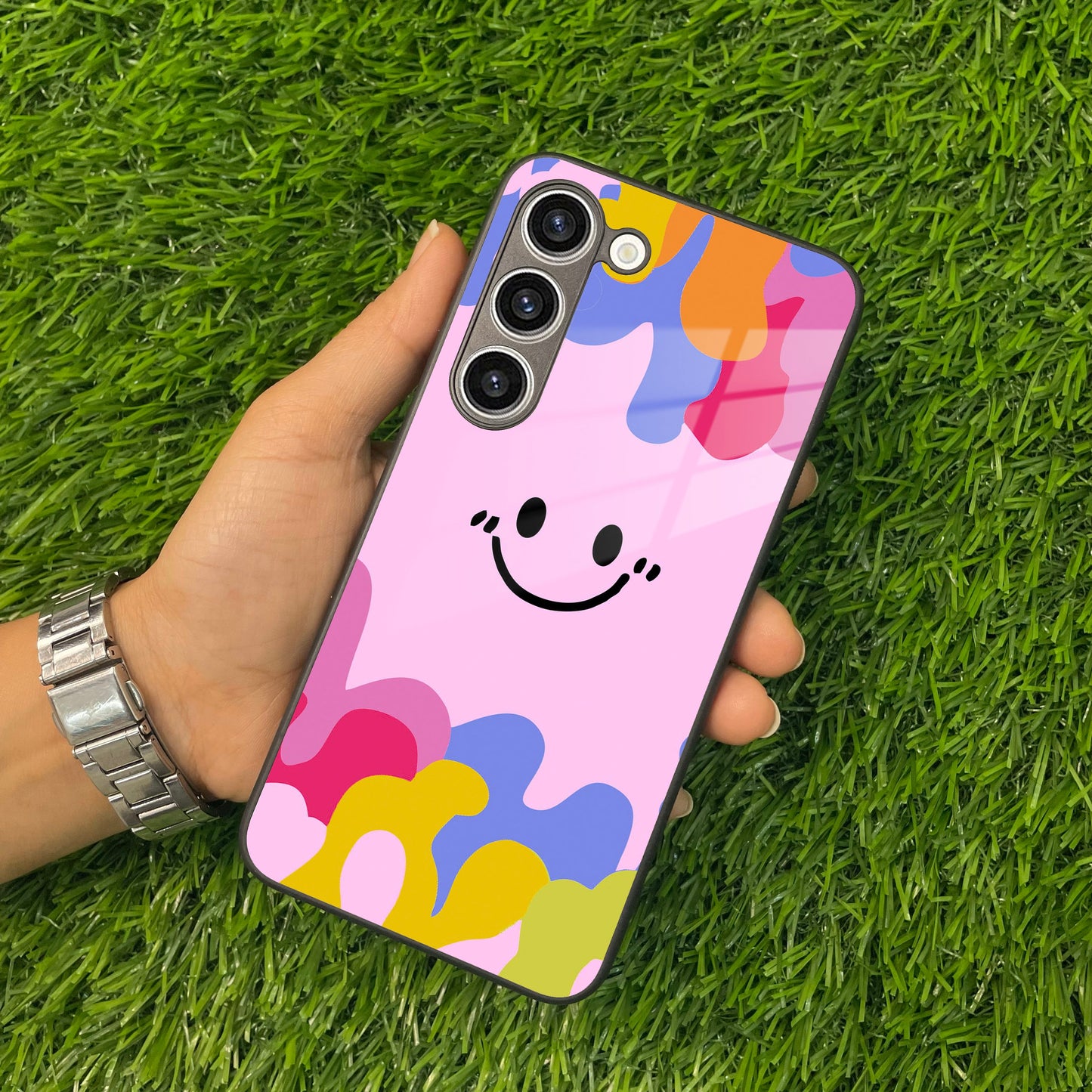 Cute Pink Smiley Multicolor Glass Case For Samsung
